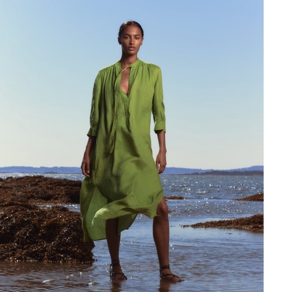 Nwt Zara Pure Linen Neck Tie 100% European Apple Green  Linen dress - Picture 4 of 8